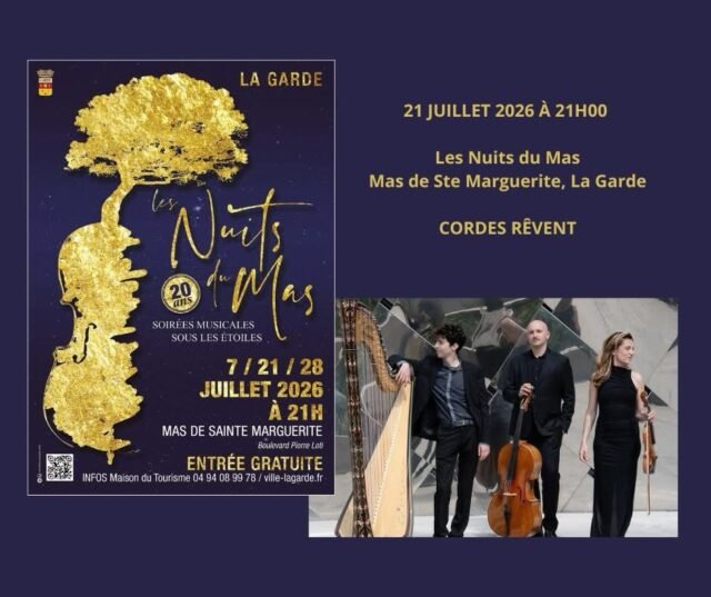 Rdv ce soir à 21h00 – Les Nuits du Mas, Mas de Sainte-Marguerite, La Garde.
Nous avons hâte de partager ce moment intime et riche en émotions avec le public qui a connu nos débuts !
🎵 Au programme : CORDES RÊVENT
Un voyage musical autour d’Henriette Renié et de Claire-Melanie Sinnhuber, interprété par :
Agnès Pyka (violon)
Marcel Cara (harpe)
Jordan Costard (violoncelle)
ℹ️ Informations et réservations : https://www.ville-lagarde.fr/agenda/582132

@pykaagnes @marcelcara @jordancostard