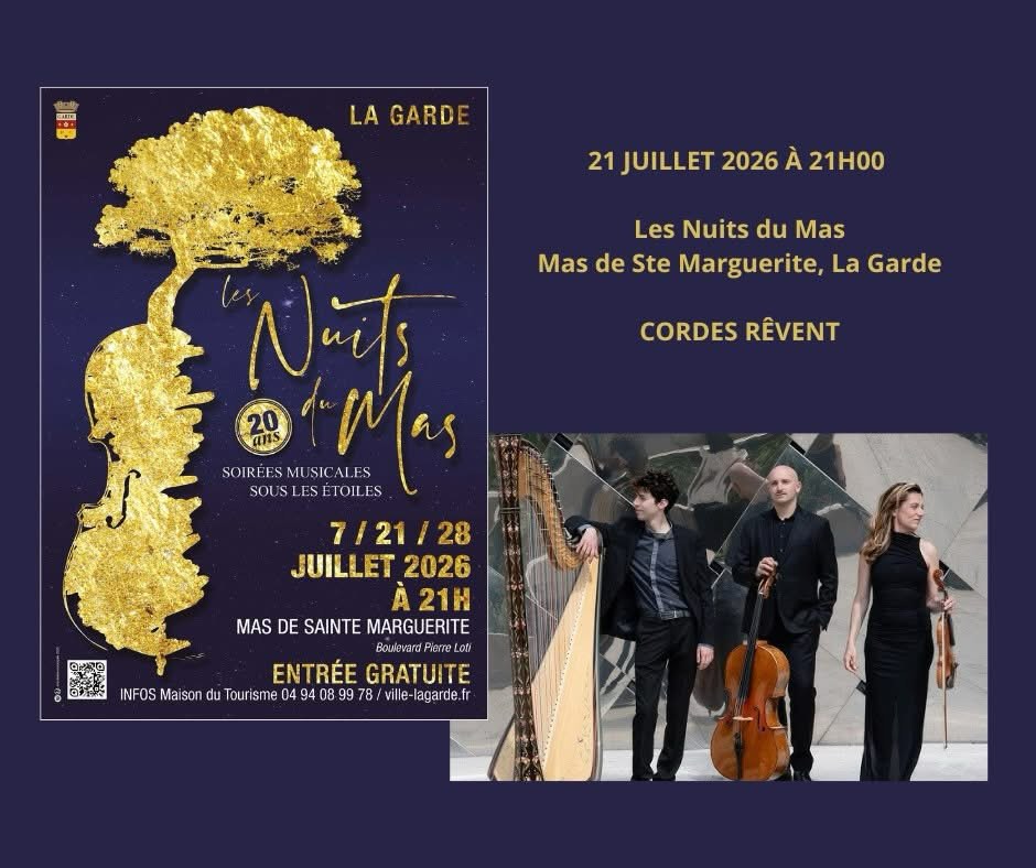 Rdv ce soir à 21h00 – Les Nuits du Mas, Mas de Sainte-Marguerite, La Garde.
Nous avons hâte de partager ce moment intime et riche en émotions avec le public qui a connu nos débuts !
🎵 Au programme : CORDES RÊVENT
Un voyage musical autour d’Henriette Renié et de Claire-Melanie Sinnhuber, interprété par :
Agnès Pyka (violon)
Marcel Cara (harpe)
Jordan Costard (violoncelle)
ℹ️ Informations et réservations : https://www.ville-lagarde.fr/agenda/582132

@pykaagnes @marcelcara @jordancostard